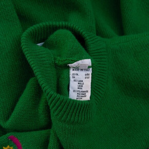 Vtg Benetton Sweater Kids 012 Green Embroidered Folk Motif Wool Girls Colorful - Picture 5 of 7